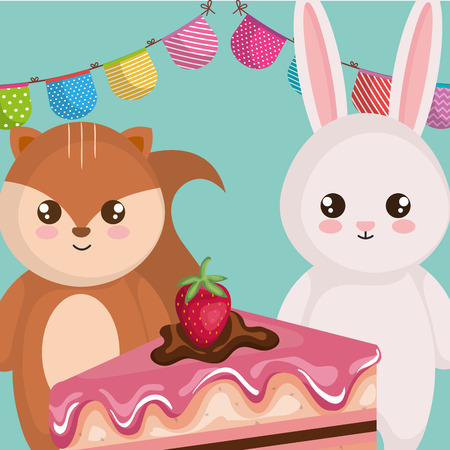cute and little rabbit and chipmunk with cake vector illustration designのイラスト素材