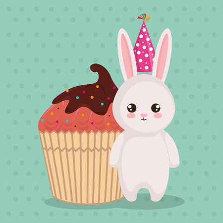 cute and little rabbit with cupcake vector illustration designのイラスト素材