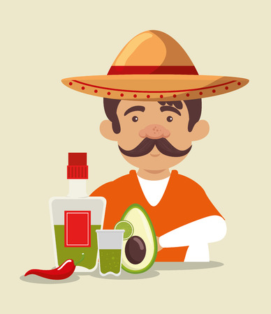 mariachi man wearing hat with tequila and avocado vector illustrationのイラスト素材