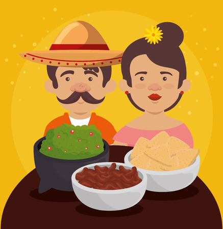 mexican man and woman with tradition food vector illustrationのイラスト素材