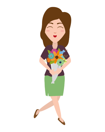 happy woman with bouquet flowers vector illustrationのイラスト素材