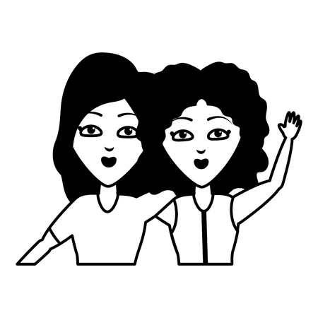 two women portrait waving hand vector illustrationのイラスト素材