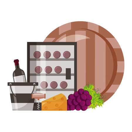 refrigerator wine bottles barrel bucket cheese grapes vector illustrationのイラスト素材