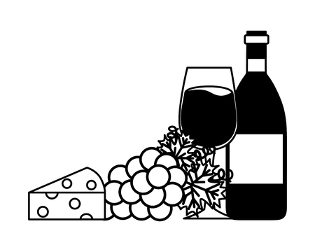 wine bottle cup grapes and cheese vector illustrationのイラスト素材