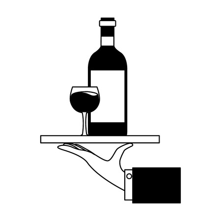 hand with tray with bottle cup wine vector illustrationのイラスト素材