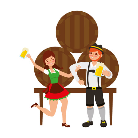 bavarian man and woman with beer barrels vector illustrationのイラスト素材