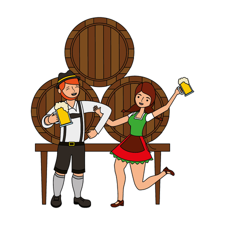 bavarian man and woman with beer barrels vector illustrationのイラスト素材