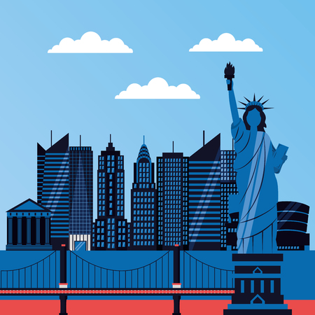 statue of liberty bridge buildings new york vector illustrationのイラスト素材