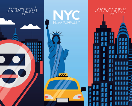 new york city statue of liberty taxi binoculars banners vector illustrationのイラスト素材