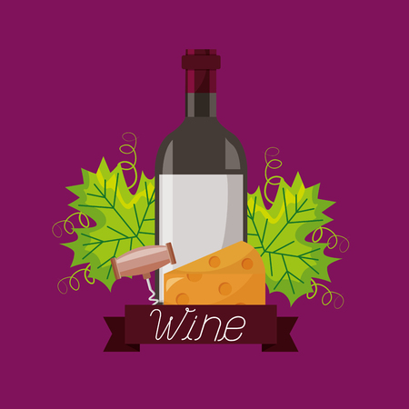 wine bottle cheese corkscrew and leaves vector illustrationのイラスト素材