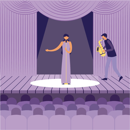 woman singer man with saxophone theater music jazz vector illustrationのイラスト素材