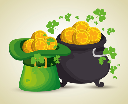 st patrick hat and cauldron with gold coins vector illustrationのイラスト素材
