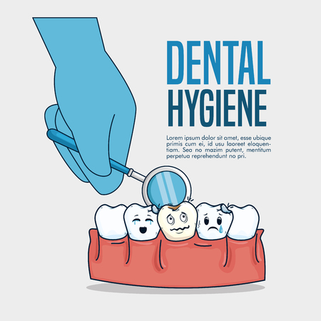 teeth care and mouth mirror diagnosis in the hand vector illustrationのイラスト素材
