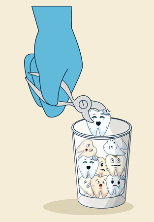 teeth in the glass with dental extractor in the dentist hand vector illustrationのイラスト素材