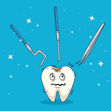 tooth with caries and excavadors with tweexer tools vector illustrationのイラスト素材