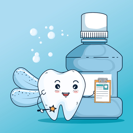 tooth healthcare treatment with diagnosis and mouthwash vector illustrationのイラスト素材