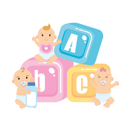 little babies with alphabet blocks toys icons vector illustration designのイラスト素材