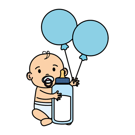 cute and little boy baby with milk bottle vector illustration designのイラスト素材