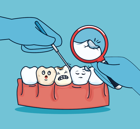 teeth healthcare treatment and magnifying glass vector illustrationのイラスト素材