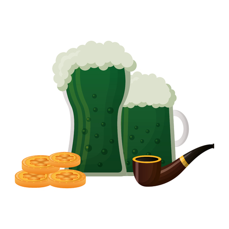 two green beers pipe and coins happy st patricks day vector illustrationのイラスト素材