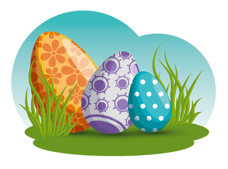 eggs decoration with flowers and figures in the grass vector illustrationのイラスト素材