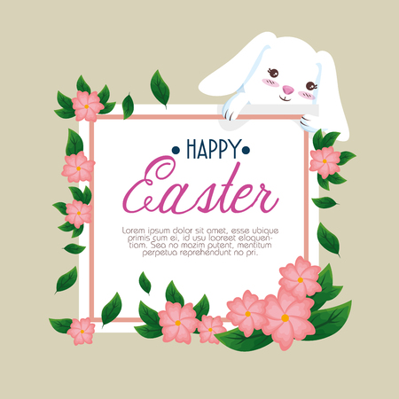 rabbit with happy easter card and flowers vector illustrationのイラスト素材
