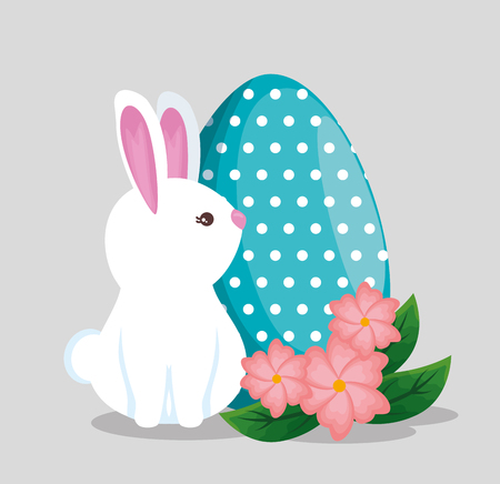 cute rabbit with egg points decoration and flowers vector illustrationのイラスト素材
