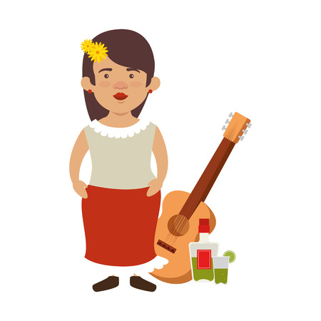 traditional mexican woman with hair flower and guitar vector illustrationのイラスト素材