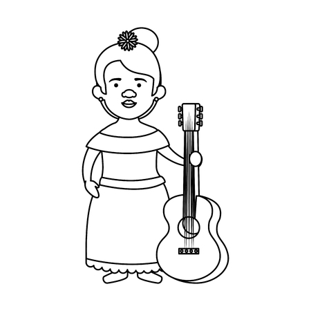 traditional mexican woman with hair flower and guitar vector illustrationのイラスト素材