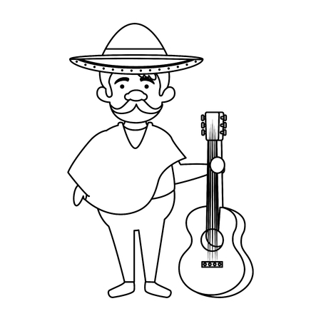 traditional mexican man with hat and guitar vector illustration designのイラスト素材