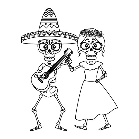 skeleton of katrina and mariachi playing guitar characters vector illustrationのイラスト素材