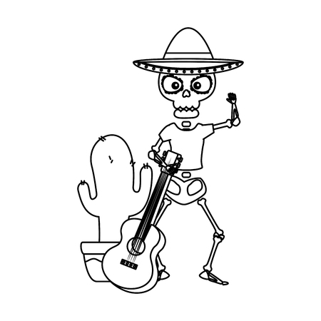skeleton mexican with hat and guitar vector illustration designのイラスト素材