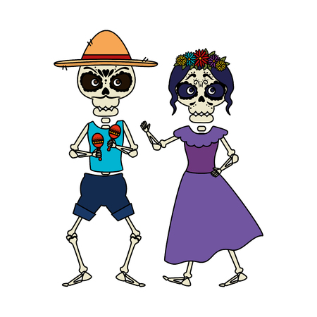 skeleton of katrina and mariachi playing maracas vector illustration designのイラスト素材