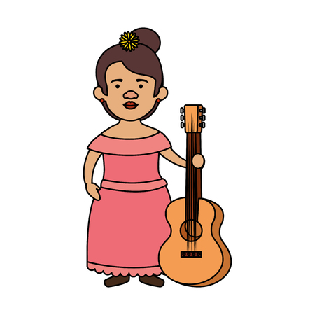 traditional mexican woman with hair flower and guitar vector illustrationのイラスト素材