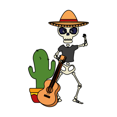 skeleton mexican with hat and guitar vector illustration designのイラスト素材