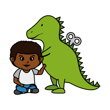 little boy with tyrannosaurus rex toy vector illustration designのイラスト素材