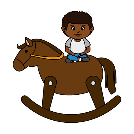 little boy with wooden horse toy vector illustration designのイラスト素材