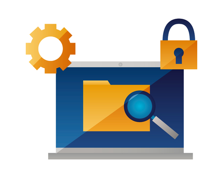 laptop computer folder security magnifying glass vector illustrationのイラスト素材