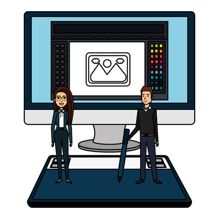 business couple with desktop computer vector illustration designのイラスト素材