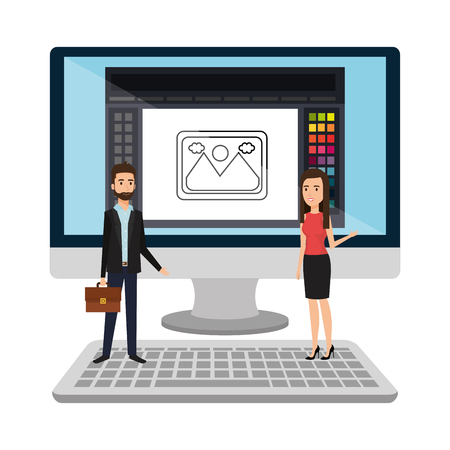 business couple with desktop computer vector illustration designのイラスト素材
