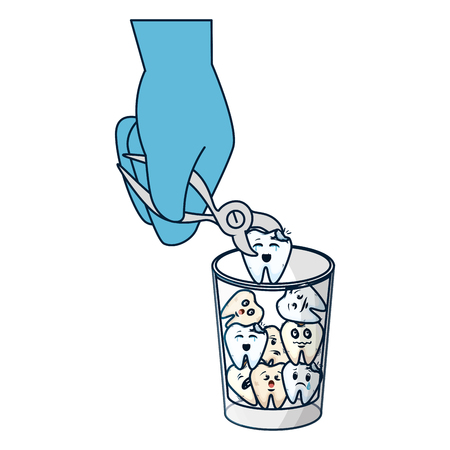 comic teeth in glass with hand using pliers vector illustration designのイラスト素材