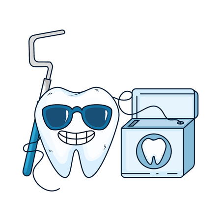 comic tooth with dental floss kawaii character vector illustration designのイラスト素材