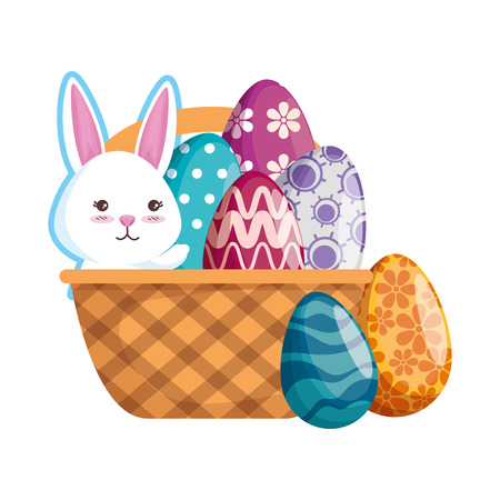 cute rabbit with easter eggs painted in basket vector illustration designのイラスト素材