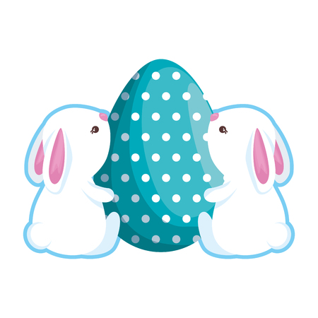 cute rabbits couple with easter egg painted vector illustration designのイラスト素材