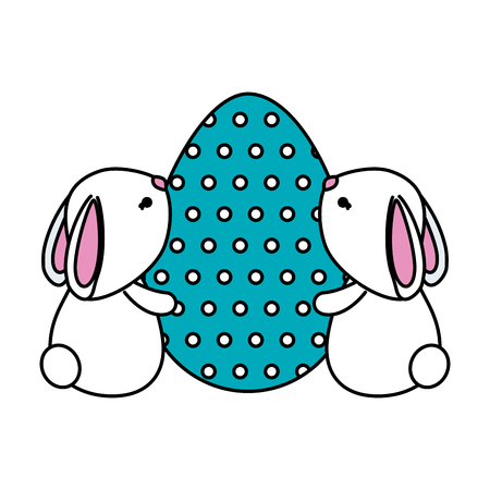 cute rabbits couple with easter egg painted vector illustration designのイラスト素材