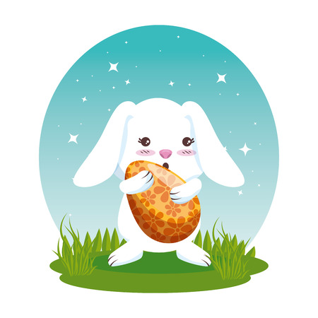 cute rabbit with easter egg painted in the meadow vector illustrationのイラスト素材