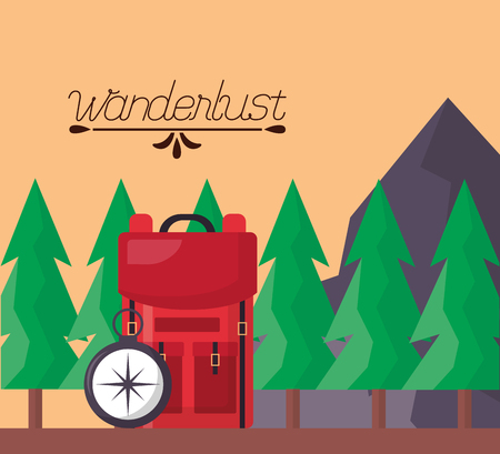 wanderlust outdoor pine trees mountains bag compass vector illustrationのイラスト素材