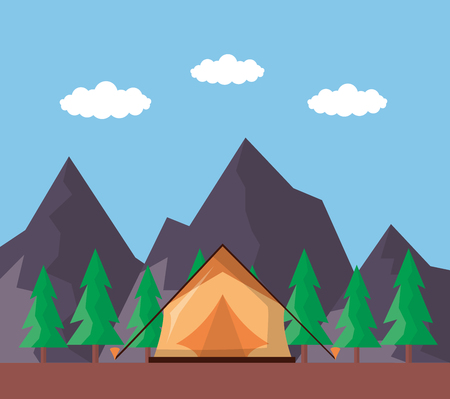 wanderlust tent ladnscape mountains pine trees vector illustration