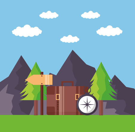 wanderlust outdoor landscape briefcase compass vector illustrationのイラスト素材