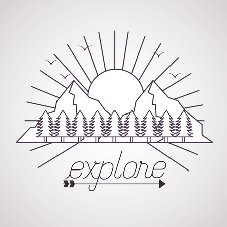 wanderlust explore pine trees sun mountains vector illustrationのイラスト素材